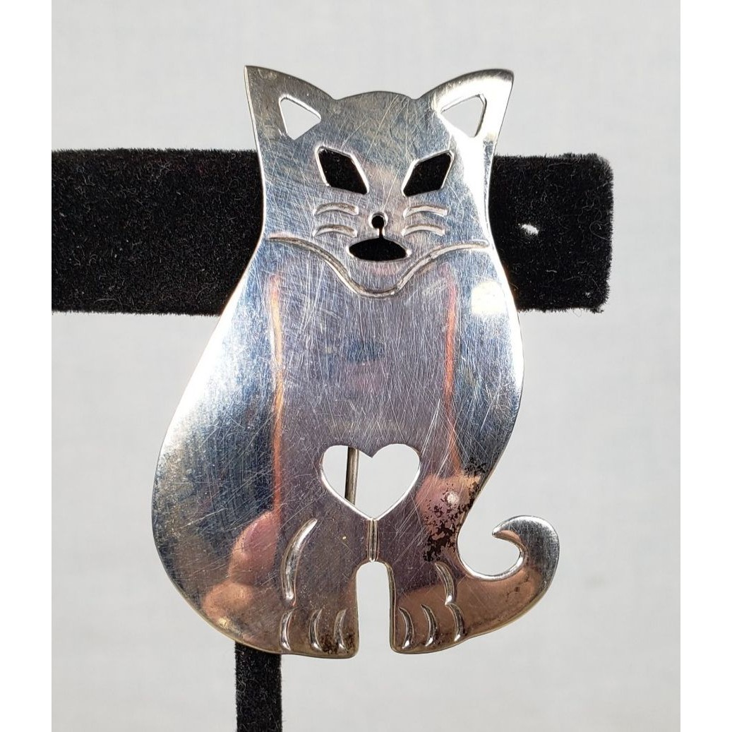 Vintage Mexico 925 Sterling Silver Smooth Sitting Cat Brooch Pin Fc-144
